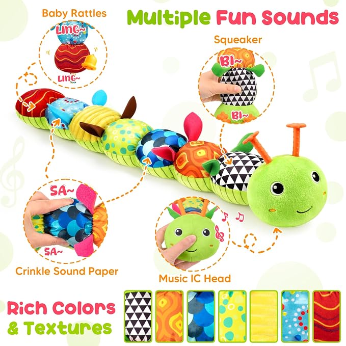 Baby Sensory Toys 0-6 6-12 Months, Stuffed Musical Caterpillar Animal Toys for Babies 3-6 Months with Rattles Crinkle Squeaker, Infant Tummy Time Toys for Newborn Baby Boy Girl Gifts, Green