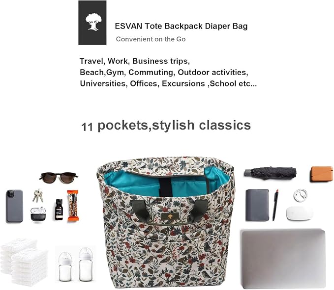 ESVAN Diaper Tote Bag Totepack Backpack Crossbody Bag 3 in 1 for Women Laptop Backpack Multifunctional with Insulated Pockets