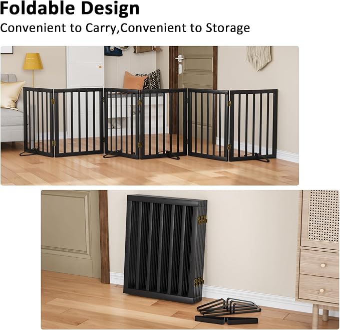 Extra Wide Dog Gate 110 inches Wide, Freestanding Pet Gate for The House Doorway, Pet Puppy Barrier, Support Feet Included, Black,6 Panels