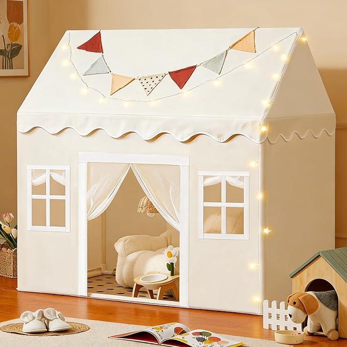 Tiny Land Play Tent with Padded Mat & LED Lights, Kids Tent, Playhouse for Kids, Indoor Bed Tent for Toddler, Toys for 3,4,5,6-Year-Old Girls, Neutral Color Play Room Furniture