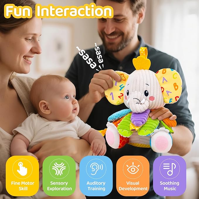 Baby Toys 3-6 Months, Musical Stuffed Elephant Toddler Toy for Newborn Infant 3 6 9 12 Months, Tummy Time Toys Montessori Sensory Toys 0-6 6-12 Months, Crinkle Paper, Mirror Soothing Music Shower Gift