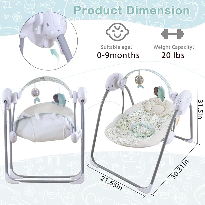Baby Swing for Infant,Newborn Swing with Music,5 Speed Levels,Timing Setting,Soft Cushion,Foldable Infant Swing for Indoor Outdoor Use 0-9 Months