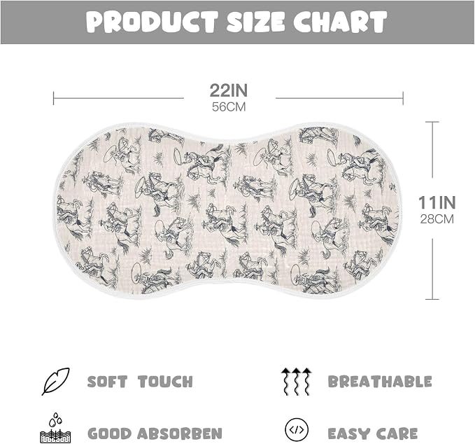 Muslin Burp Cloths for Baby Boys and Girls - 1-Pack Ultra Absorbent Western Cowboy Muslin Washcloths, Newborn Towel, Milk Spit Up Rags, Burp Cloth Bib for Unisex, 22 x 11 Inch