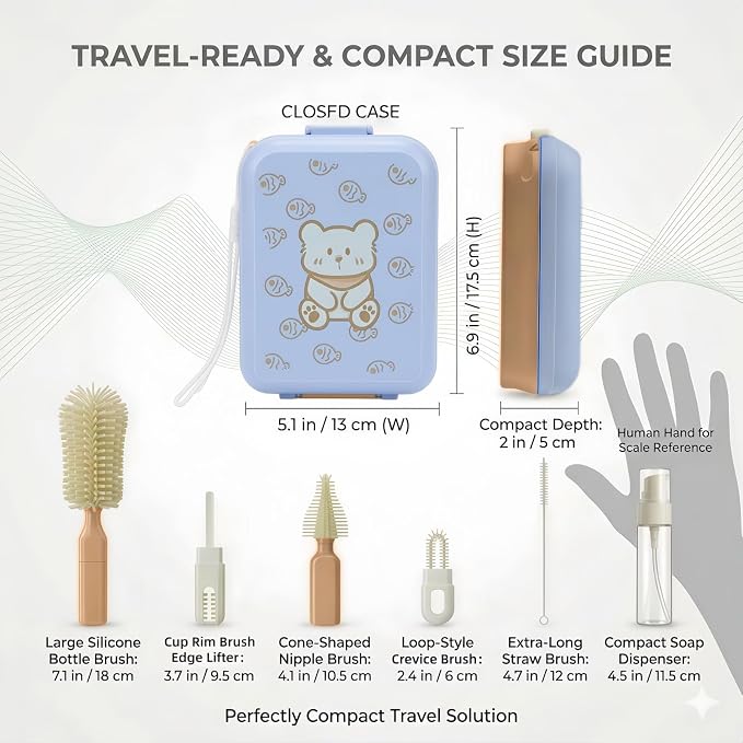 8-in-1 Baby Bottle Cleaning Kit with Drying Rack & Storage Case, Portable Silicone Bottle Brush Set for Bottles, Nipples & Straws, Travel Baby Essentials（Orange）