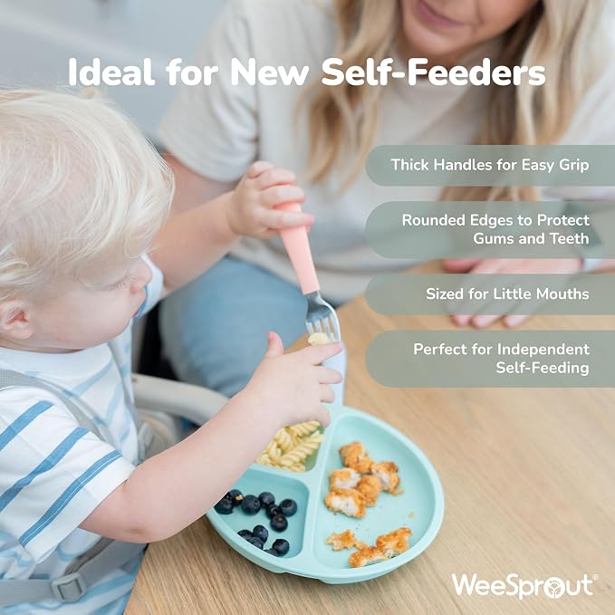 WeeSprout Toddler Utensils, 3 Forks & 3 Spoons, 18/8 Stainless Steel & Food Grade Silicone, Thick Easy-Grip Handles, Perfect Length For New Self Feeders, Gentle On Gums & Teeth, Dishwasher Safe