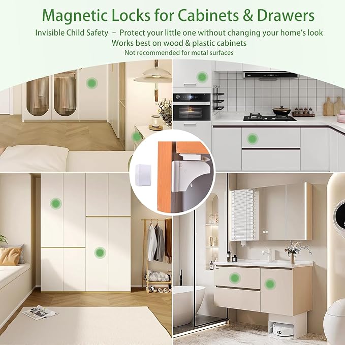 10 Pack Vkania Magnetic Cabinet Locks Baby Proofing - Baby Safety Latches for Drawers and Cabinets - Easy Installation No Drilling