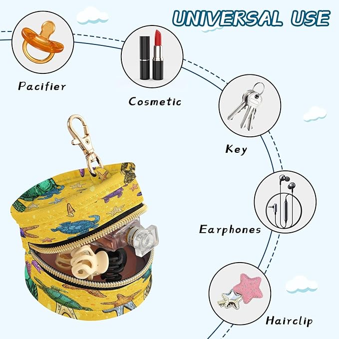 Pacifier Holder with Clip Pacifier Case for Diaper Bag Round Baby Pacifier Pouch Box Bag Portable Bright Yellow Turtles and Starfish