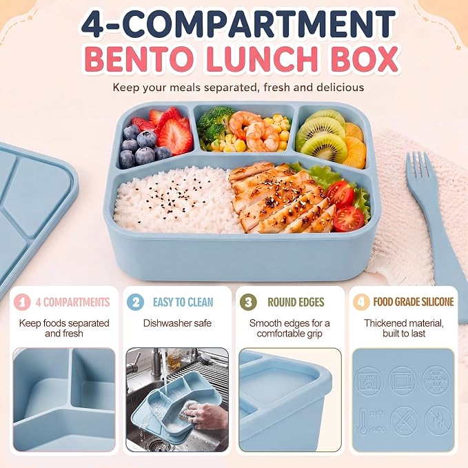 Ziliny 2 Pcs Silicone Bento Box Classic Colors Reusable Lunch Container Smooth Leak Proof Lunch Box Rectangle Bento Boxes for Adult Work Travel Food Meal Compartment Storage, 2 Colors