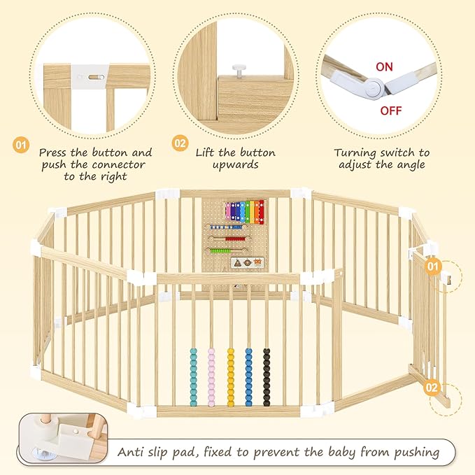 EXPERLAM Baby Playpen - Wooden Playpen for Babies and Toddlers, Foldable Play Pen with Locking Gate, Portable Baby Fence with Adjustable Shape and Size, Extra Large Toddler Play Yard (58X58x23.5Inch)