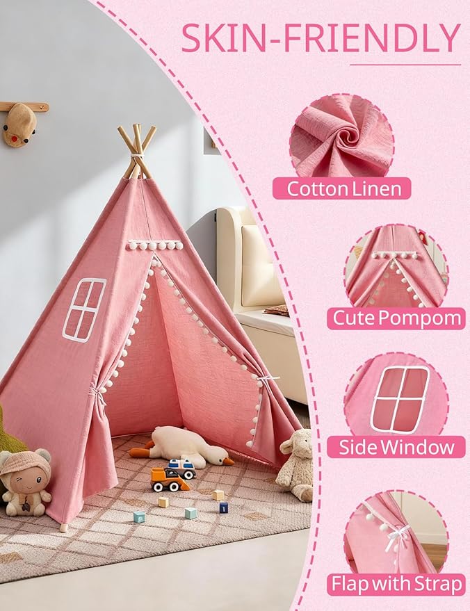 2 Pack Teepee Tent for Kids, Children Play Tents for Girls & Boys Slumber Party, Cotton Canvas Playhouse Sleepover Tent with Pompom & Lights