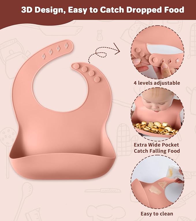 ECLIP Silicone Baby Feeding Set, 10 Pcs Baby Eating Essentials with Suction Bowl Divided Plate Adjustable Bib Soft Spoon Fork Snack Cup with Lid Drinking Cup, Utensil (Brick Red)
