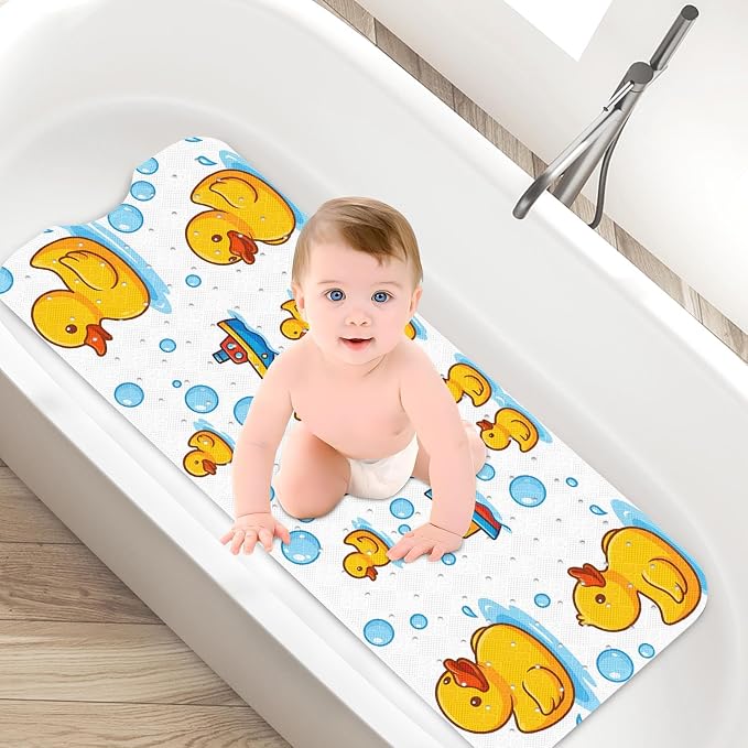 Rubber Duck Yellow Bathtub Shower Mat Nautical Cute Non-Slip Tub Extra Long Bath Floor 40X16 Inch Machine Washable for Bathroom Tub Bath Mat for Toddler and Baby