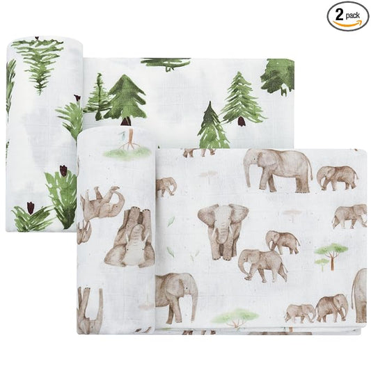 LifeTree Baby Swaddle Blankets, Boys Girls Muslin Swaddling Wrap Receiving Blanket for Newborn, 70% Viscose from Bamboo and 30% Cotton, Large 47" x 47", Elephant and Tree Pattern