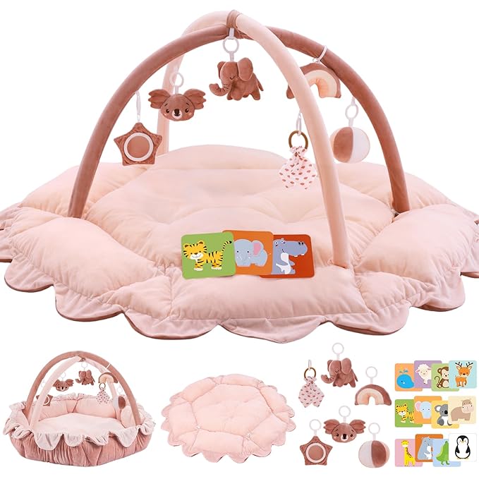 5-in-1 Plush Baby Play Gym, Activity Mat with Convertible Gym, Baby Gym 6 Sensory Toys, Play Center for Newborn to Toddler, Pink