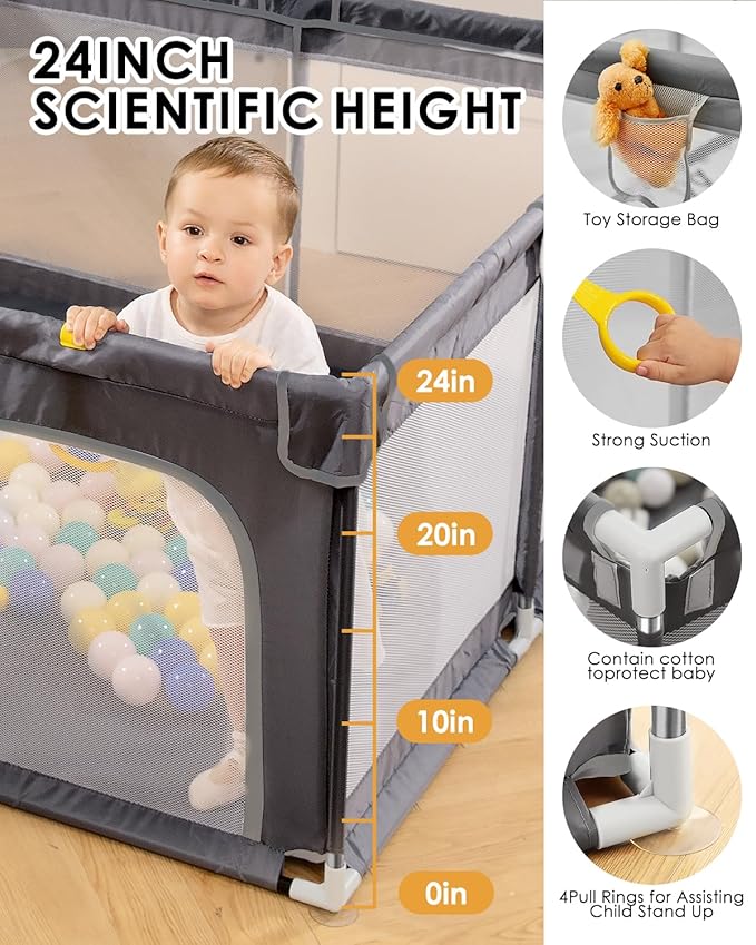 dearlomum Baby Playpen with Non Removable Mat, Extra Large Play Yard for Babies & Toddlers, Portable Travel Playpen, Baby Activity Center for Indoor & Outdoor Use (Grey 50"×50")