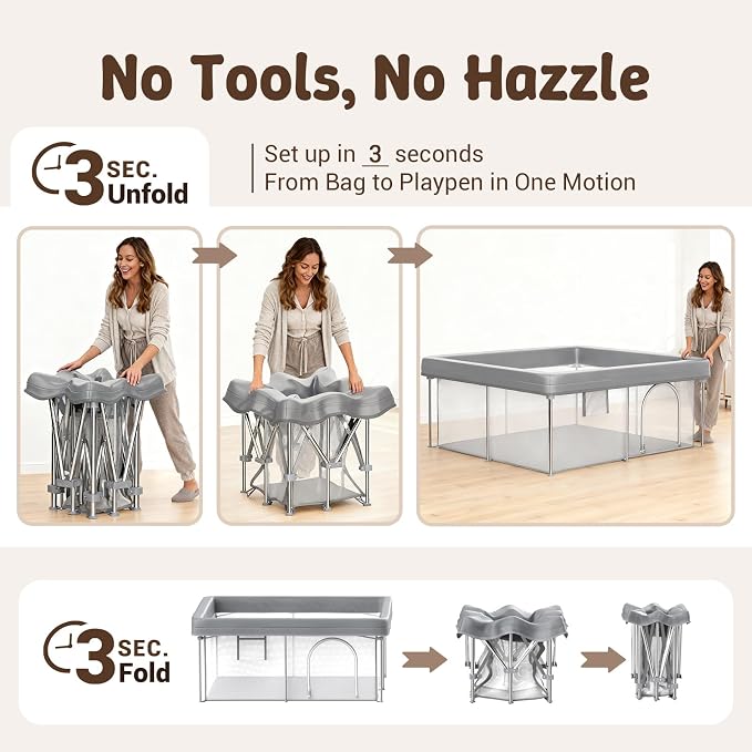 Foldable Baby Playpen, 50"×50" Collapsible Play Yard for Babies and Toddlers, No Assembly Required, Kids Safety Play Area with 4 Handles, 50 Balls and Visible Mesh, (Grey, 50x50 Inch)