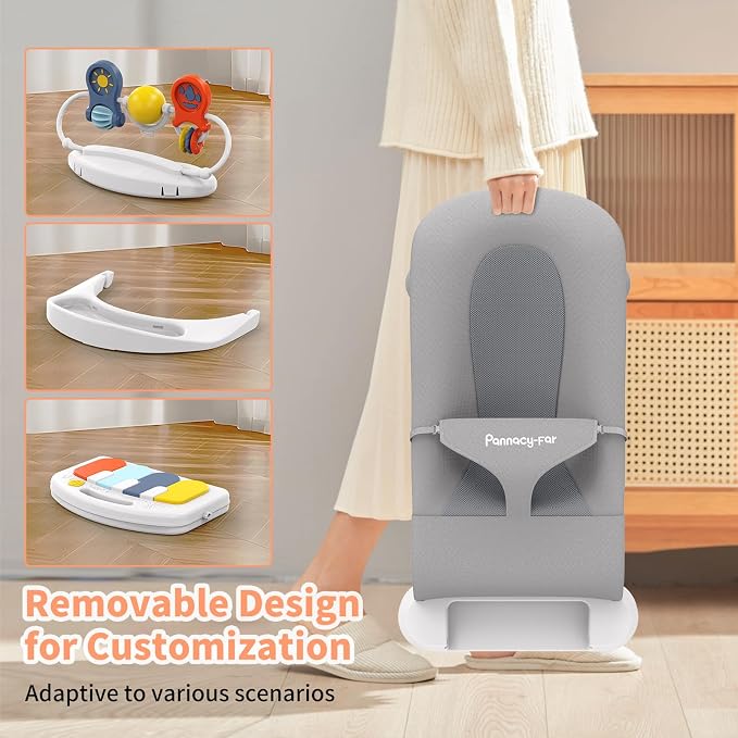 Baby Bouncer Seat, 3-Speed Adjustable Height Baby Bouncer Seat, 4-in-1 Bouncer Seat for Babies 0-6 Months, Detachable Piano Pedals, Feeding Tray