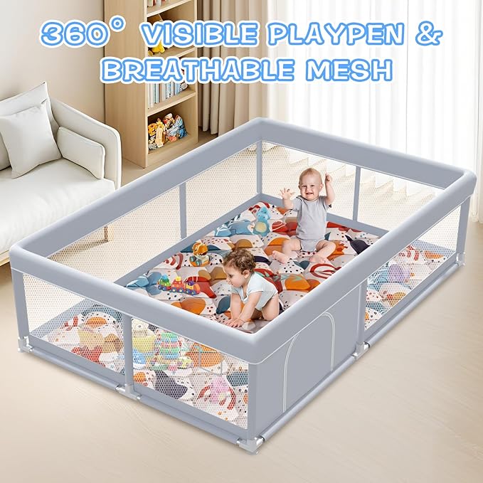 XVISHX Baby Playpen with Mat, 65 x 50 Inch Play Pen Playards, Playpen for Babies and Toddlers, Baby Playard for Indoor & Outdoor Active Center Game Fence, Skin-Friendly Fabric and Soft Breathable Mesh