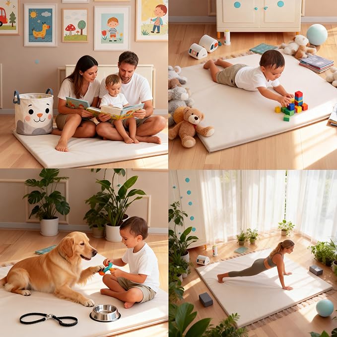 FONESO Leather Baby Play Mat, 50x50 Inch Thicken Memory Foam Cushioned Waterproof Playpen Mat, Wipeable Soft Crawling Tummy Time Floor Rug for Infants Toddlers Kids (Beige)