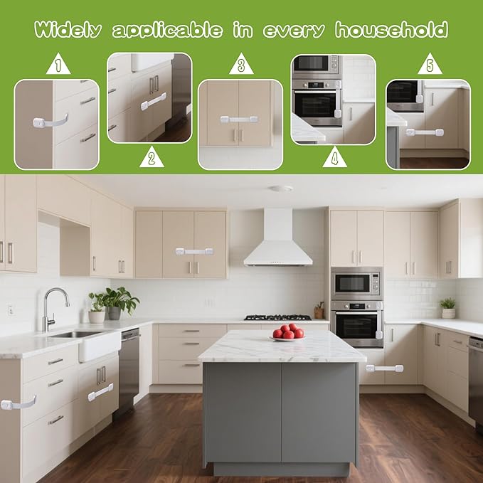 SKYWARD 6-Pack Baby Safety Cabinet Locks, Adjustable Length, Drill-Free, Suitable for Drawers, Ovens, Cabinets, Ensuring Child Safety (White)