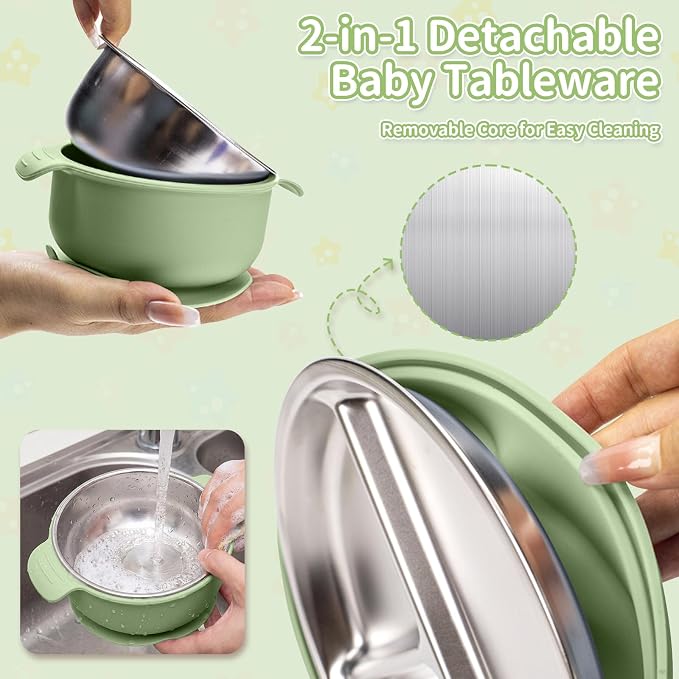 5-in-1 Stainless Steel Baby Feeding Set, Suction Divided Plates, Bowls, Silicone & Stainless Spoon Fork, Baby Tableware for Self-Feeding, Durable, BPA-Free (Green)
