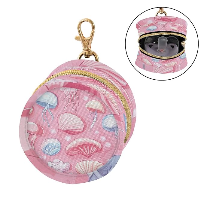 Pacifier Holder with Clip Pacifier Case for Diaper Bag Round Baby Pacifier Pouch Box Bag Portable Pink Shells and Jellyfish