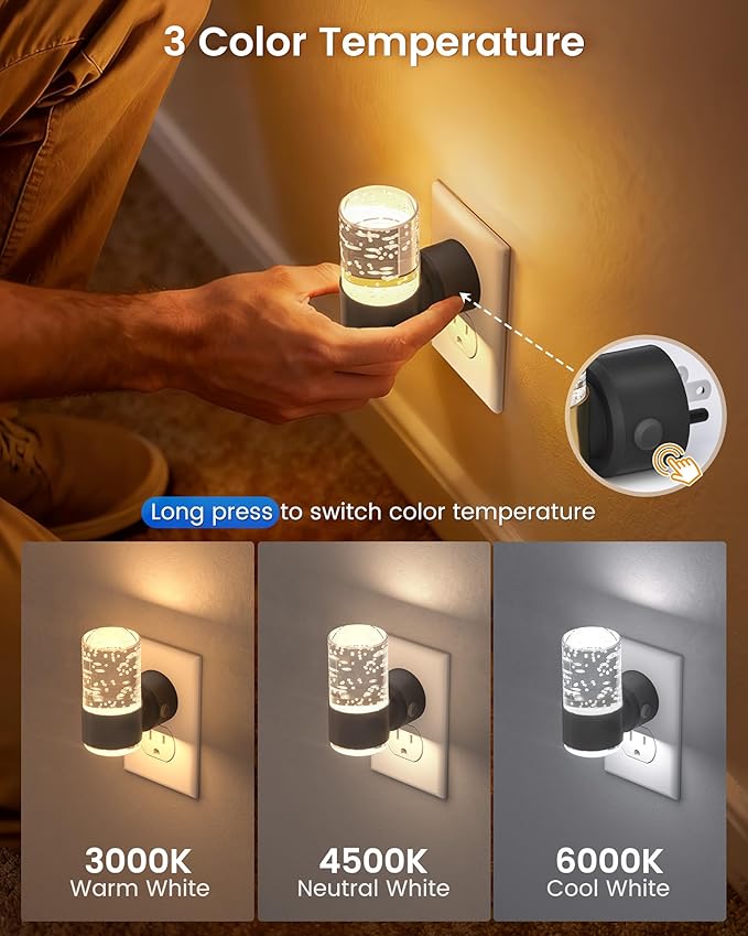 NIORSUN Night Light Plug into Wall, Dimmable Nights Lights with 3 CCT & 5 Brightness Levels, Slim Acrylic Plug in Night Light, Auto Dusk to Dawn Sensor for Stairs, Hallway, Bathroom, Black, 2 Pack
