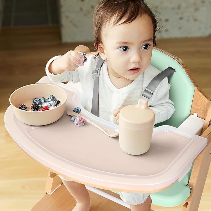 Cowiewie 3-in-1 Convertible Natural Wooden High Chair for Babies & Toddlers 3-Tier Remove & 2 Adjustable Wood Tray & 8 Levels Adjustable, 2 Waterproof Cozy Cushions Green