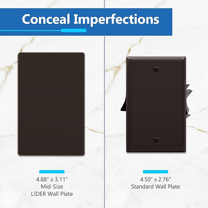 LIDER Blank Wall Plate, Temperature and Impact Resistant, UL Listed, Polycarbonate Thermoplastic, Screwless Design, Matte Finish, Modern Upgrade, Midsize, 1-Gang, 4.88??x 3.11?? Brown, 10 Pack