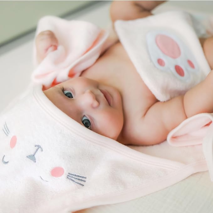 CuddleBug Hooded Baby Bath Towel & Washcloth Set (Bear) - 100% Cotton Terrycloth Hooded Baby Towels for Newborn & Toddler - Super-Soft & Absorbent, Newborn Essentials (33" x 33") - White Lamb