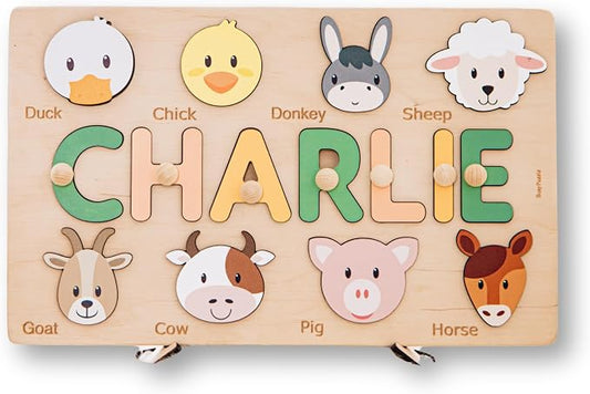 Name Puzzle with Animals, Personalized Gift for Kids, Baby Boy Birthday Gift, First, Woodland Animals, Montessori Wooden Toys