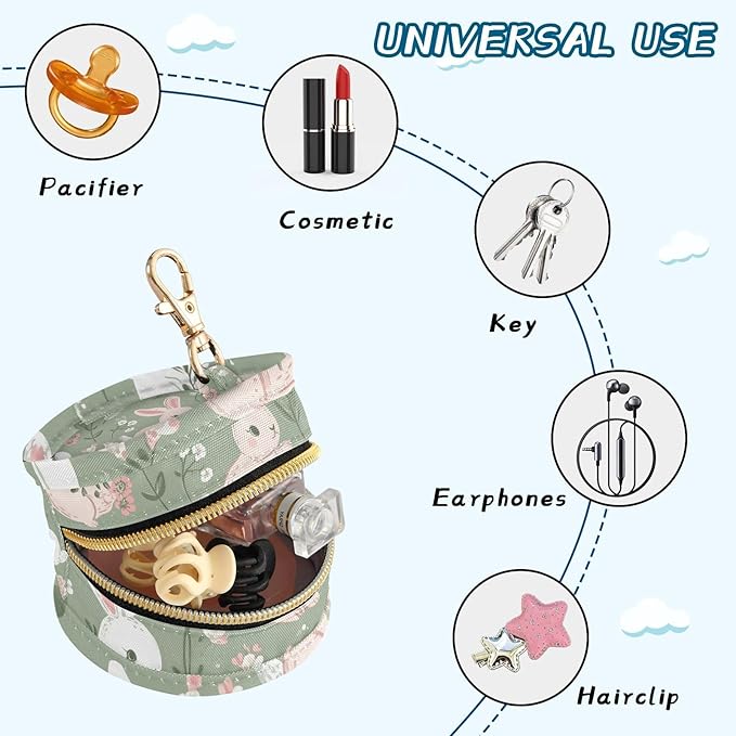 Portable Baby Pacifier Holder Case with Clip Pattern Adorable Bunnies Pacifier Storage Case with Zipper Cash Coin Purse for Stroller Diaper Bag Travel