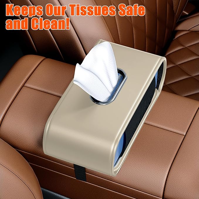 MTGOCHA Car Tissue Holder (2 Pack), Large Tissue Box Cover Keep Tidy, Premium PU Leather Backseat Napkin Holder Tissues Dispenser for Car Fits Standard 80-160 Count Tissue Boxes, Beige