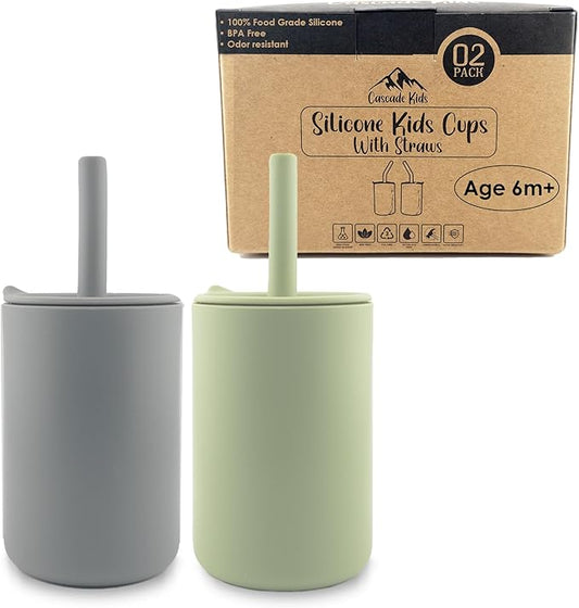 Silicone Toddler Smoothie Cups with Straw, Unbreakable Training Cup with Straw for Babies and Toddlers for less mess, BPA-Free Silicone Baby cup, 6+ Month, 6oz, 4 pack Green/Grey