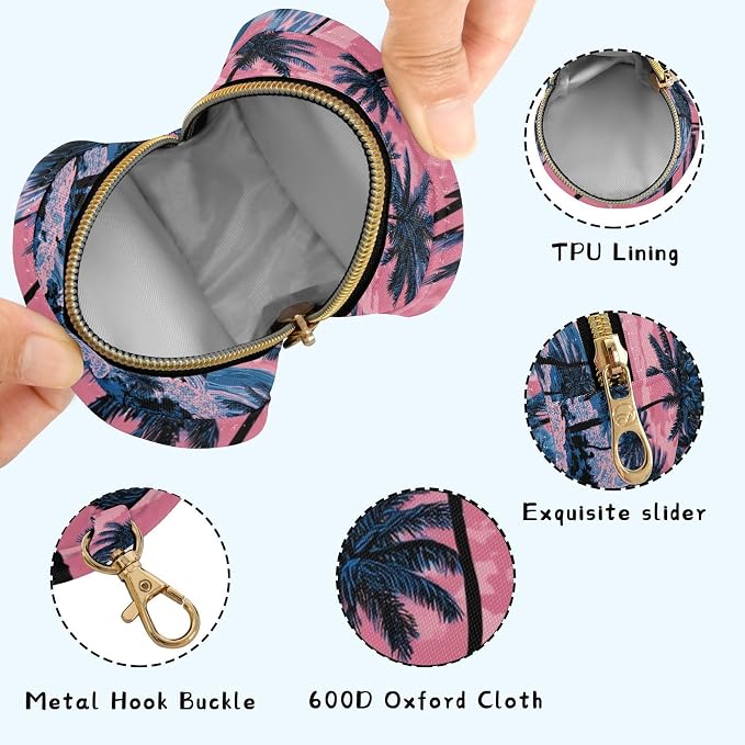 Pacifier Holder with Clip Pacifier Case for Diaper Bag Round Baby Pacifier Pouch Box Bag Portable Palm Tree Wave Pink
