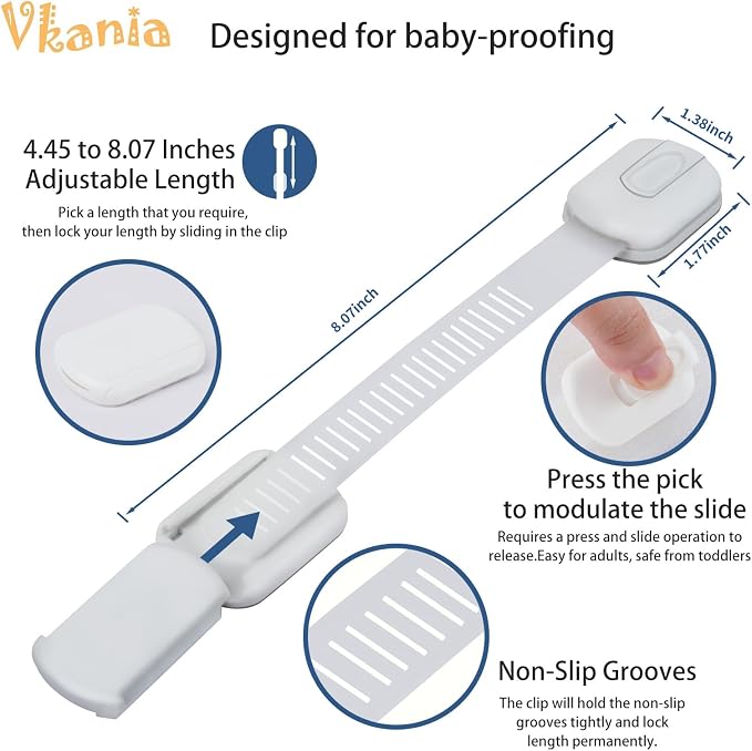 8-Pack Baby Proofing Cabinet Locks, Adjustable Adhesive Strap Latches for Drawer, Cupboard, Oven, Fridge, Toilet Seat - No Drill Child Safety Lock Kit, Easy Installation