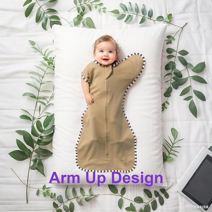Swaddle Blanket Sack 2-Pack, 100% Cotton Baby Sleep Sack, Arms Up Design with 2-Way Zipper, Breathable Newborn Swaddle for Boys Girls (Light Green + Tan, Medium 3-6 Months)