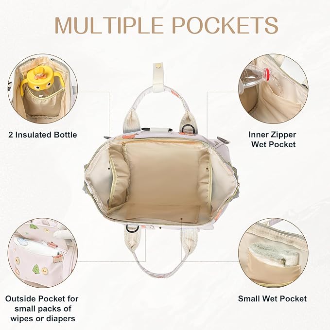 Small Diaper Bag Crossbody, Convertible 4 in 1 Compact Baby Bag for Mom, Mini Travel Mommy Tote w/Shoulder for Stroller,Toddler Daiper Backpack with Insulated Pockets (Off White Animal)