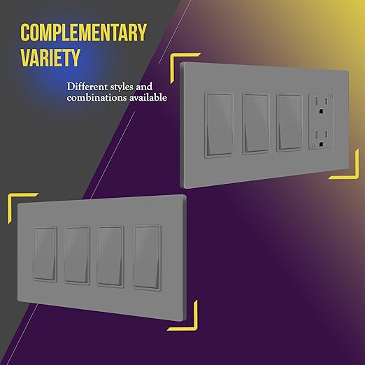 ENERLITES Screwless Decorator Wall Plates Child Safe Outlet Covers, Gloss Finish, Medium Size 4-Gang 4.88" H x 8.58??L, Unbreakable Polycarbonate Thermoplastic, SI8834M-GY, Gray