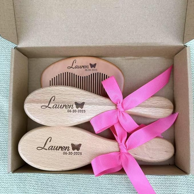 3 Piece Customized Baby Brush and Comb Set, Wooden Baby Brush with Natural Ultra Soft Goat Hair, Baby-Hair Brush for Newborn, Personalized Gift for Baby Boys Girls