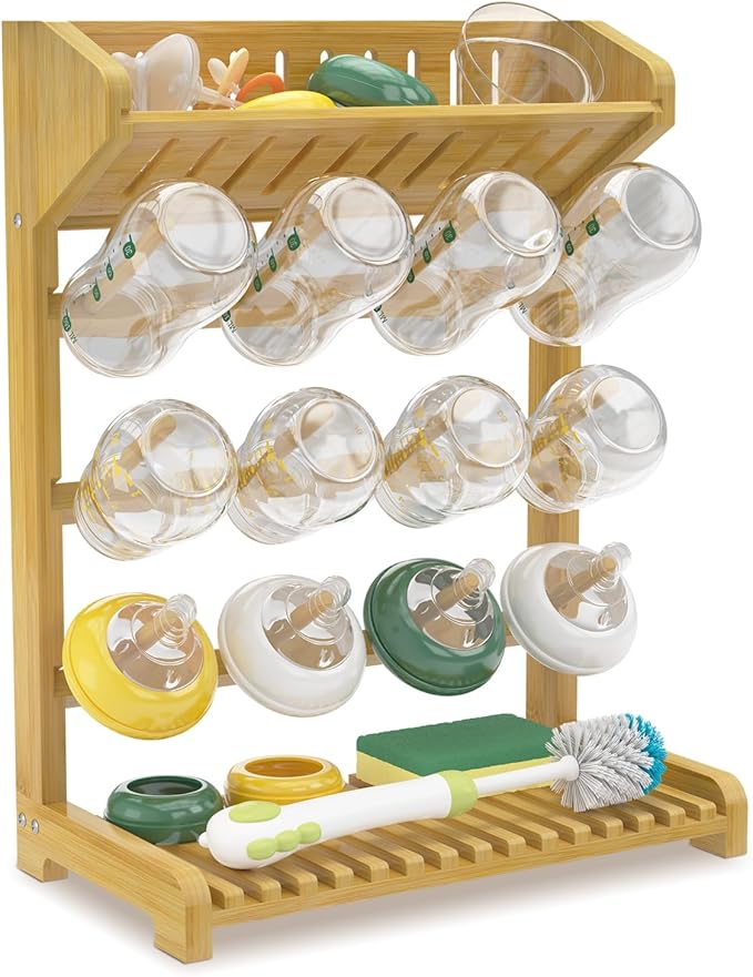 EsLuker.ly Baby Bottle Drying Rack Bamboo Vertical Dryer Holder, Space Saving for 12 Milk Glass Bottle Countertop, Wooden Drain Stand Shelf for New Parents
