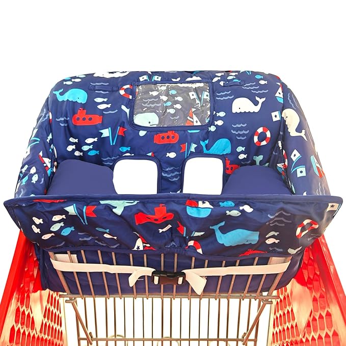 Soft Pillow Attached 2-in-1 Shopping Cart and High Chair Cover for Baby, Cotton Padded Cart Cover, Fold'n Roll Style, Portable with Carry Bag (Navy Blue Whale)