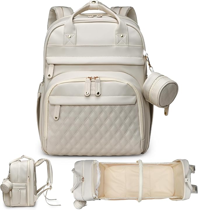 Leather Diaper Bags with Changing Station，Baby Bag，Large Capacity Diaper Bag Backpack for Moms Dads,Waterproof Diaper Backpack（Beige）