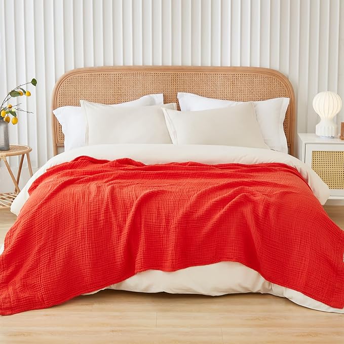 EMME Cotton Throw Blanket - 4-Layer 100% Muslin Soft, Breathable Gauze - All Season, Lightweight - Pre-Washed - Orange Rust, 50"x71"
