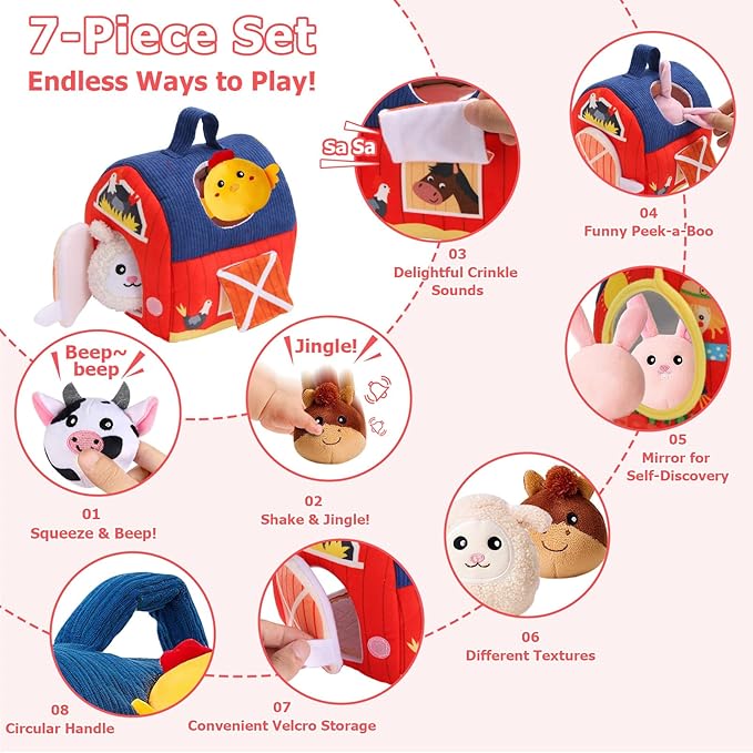 Baby Toys 6-12 Months, Surprise Barn with Stuffed Farm Animals 6Pcs, Rattle, Crinkle, Mirror, Montessori Sensory Toys for 1-3 Year Old Boys Girls, Ideal Gifts for Babies Toddlers Birthday Christmas