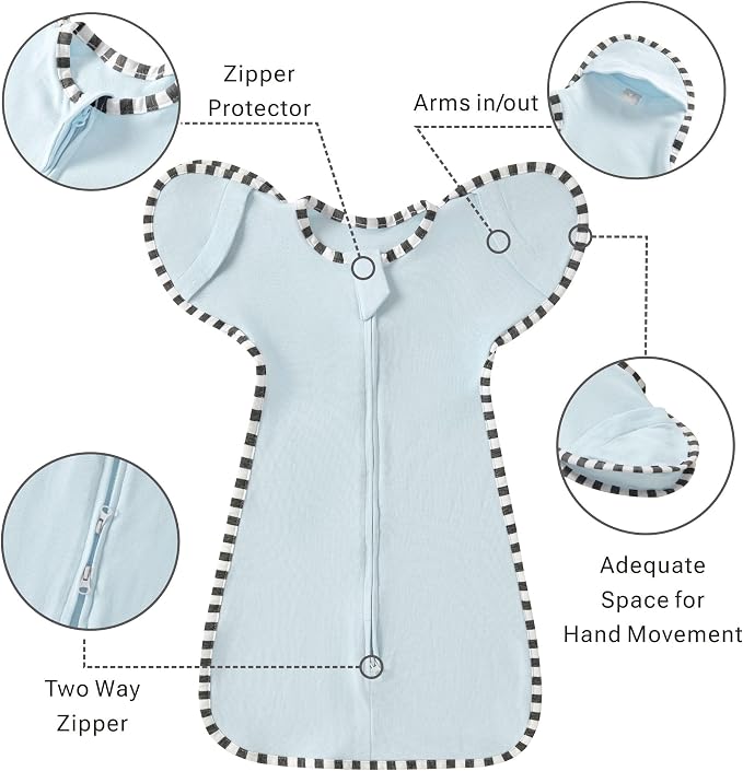 Soft Cotton Swaddle Blanket, Arms Up Baby Sleep Sack, Wearable Sleep Bag for Boys Girls (Light Blue + Light Grey, S(0-3 Months))