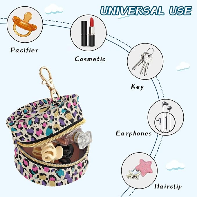 Leopard Beige Pink Pacifier Holder Case Newborn Pacifier Storage Pouch for Boys Girls Easy Attach to Diaper Bag Portable Baby Essentials Container