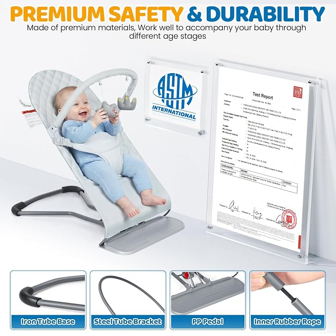 Orzbow Baby Bouncer Seat, Portable Infant Chair, 0-18 Months, Up to 20 Ibs | Foldable & Lightweight, Ergonomic 3-Positions Recline for Baby's Comfort, Removable Play Bar, Washable Cover, ASTM Certified