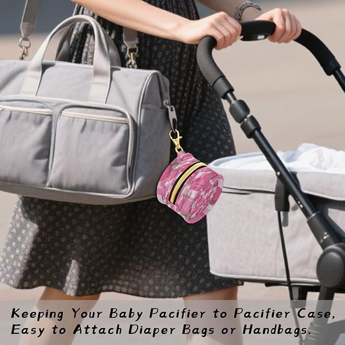 Pacifier Holder with Clip Pacifier Case for Diaper Bag Round Baby Pacifier Pouch Box Bag Portable Pink Checkerboard Peach