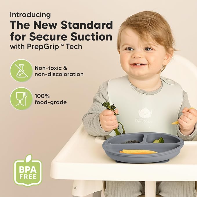Keababies 4-Pack Silicone Baby Spoons and Forks Set and Suction Plates for Baby, Toddler - Baby Spoon Self Feeding, BLW Baby Utensils - 3-Pack 100% Silicone Divided Baby Plates with Suction